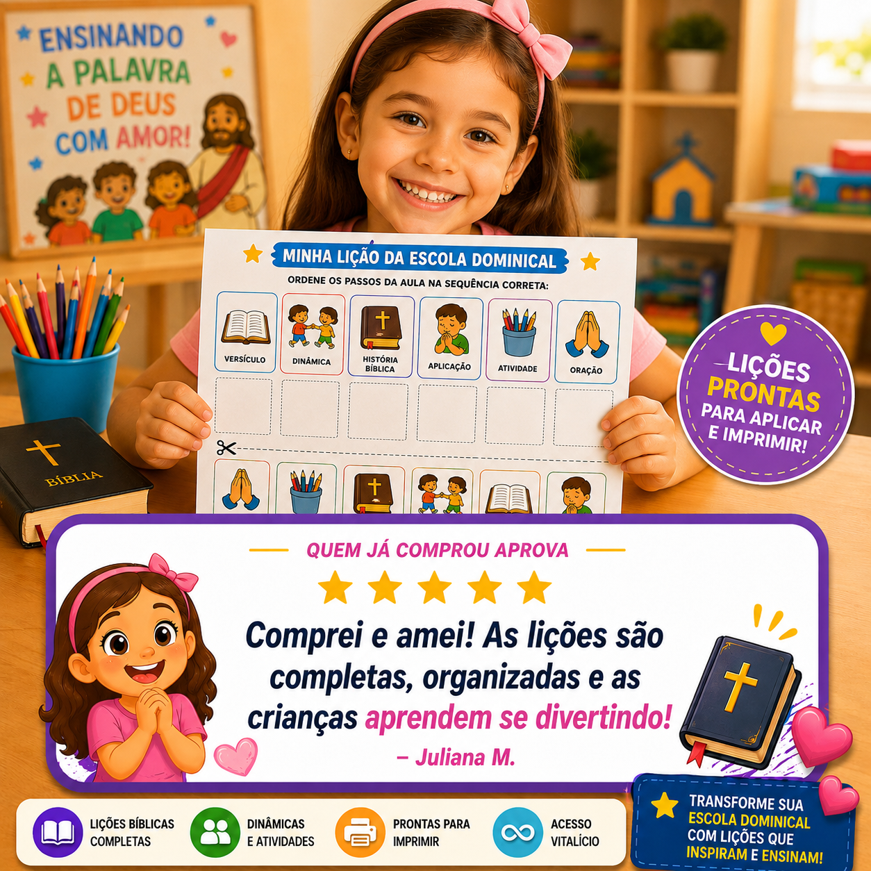 Criança feliz mostrando lição da Escola Dominical com depoimento